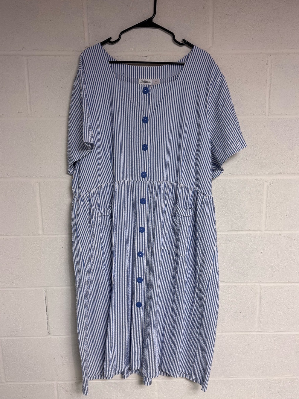 Vermont Country Store Seersucker Blue Stripe Button-Front Women’s Dress